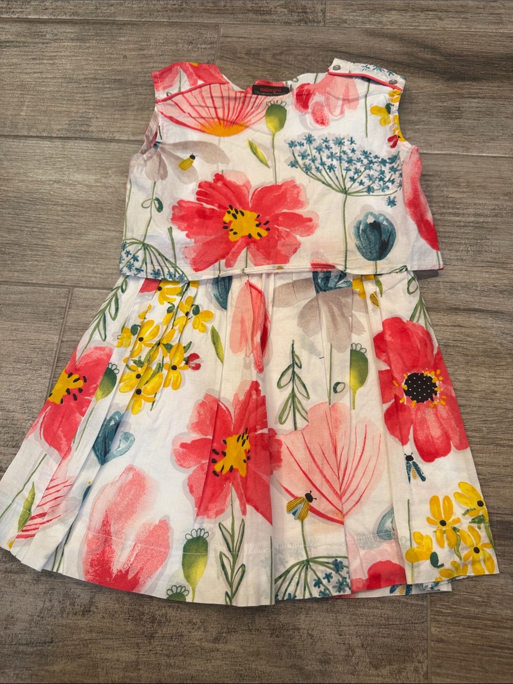 Catimini White Floral Dress with Pink, Yellow and Green Accents